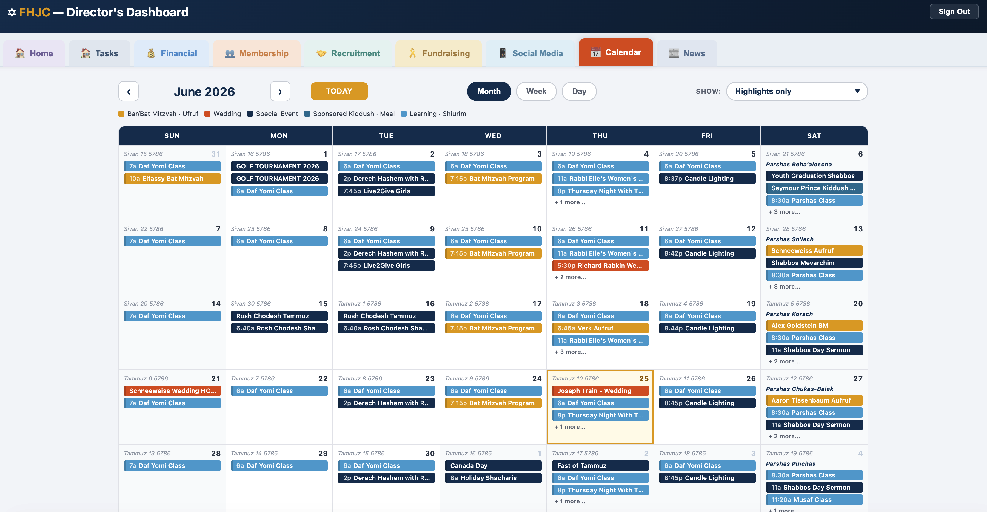 Integrated Synagogue Calendar dashboard screenshot